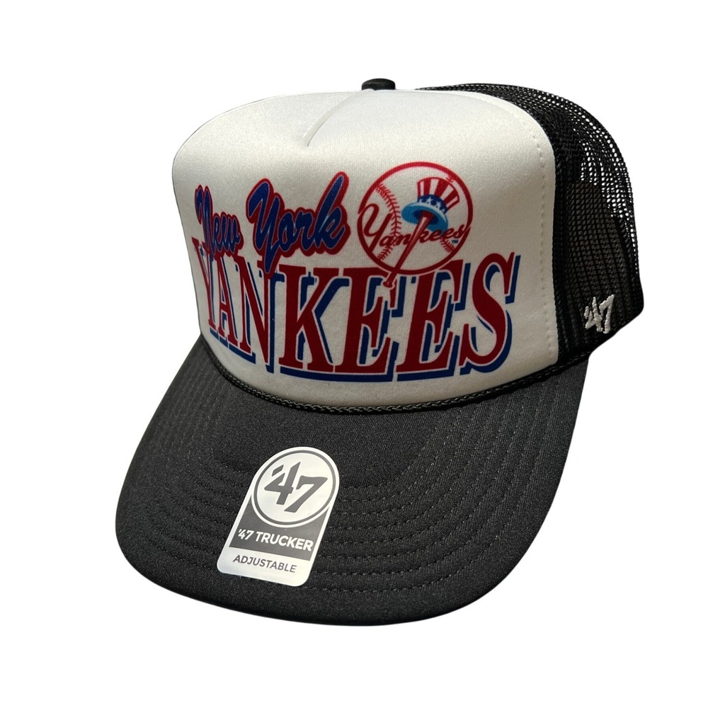 '47 Brand Trucker Hat Mens OSFA Black White NY Yankees Graphic Snapback Mesh Cap